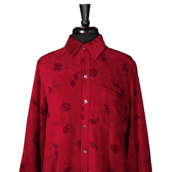 Chico's Women's Shirt Button Up Red Black Velvet Tribal Ethnic Blouse Top 1 M/8 - Picture 5 of 10
